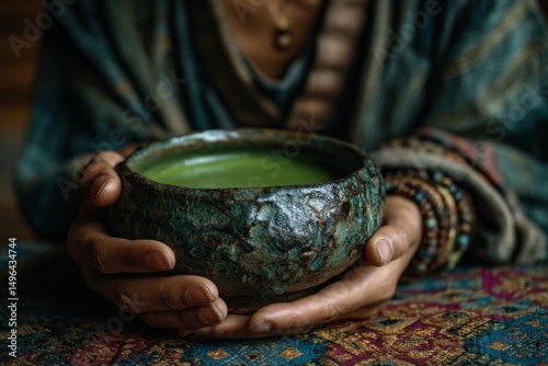 Hands holding a green ceramic bowl with matcha on a patterned fabric background