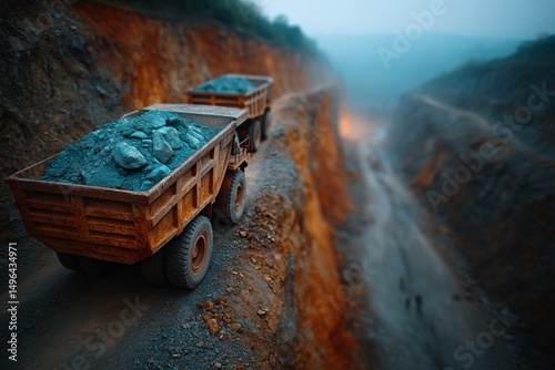 Mining truck on winding road in rocky mountainous terrain