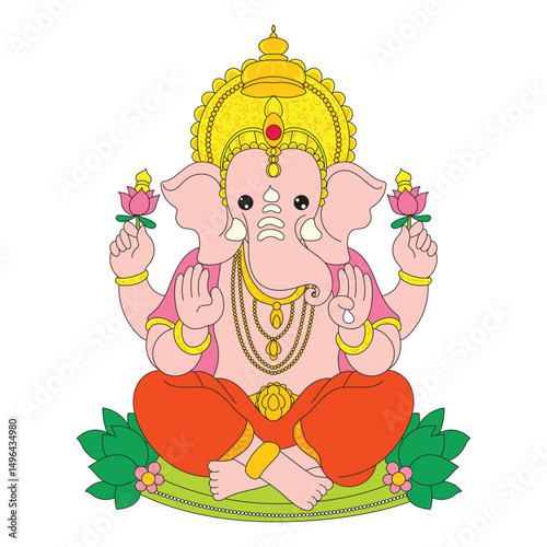 Flat or lowbrow illustration of cute Ganesha with spiritual and religious elements. Suitable for artwork related to Hinduism, culture, festivals, belief systems, or spiritual and traditional decor.