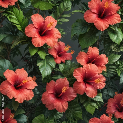 Vibrant hibiscus blooms, lush tropical foliage ,  pink,  greenery