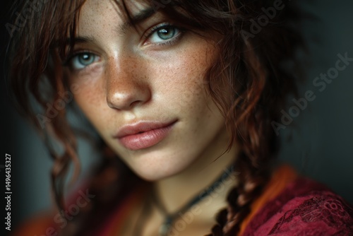 Young woman with red shirt and piercing gaze in dramatic lighting