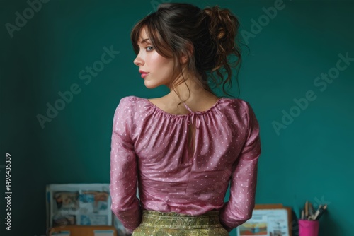 Side portrait of woman in pink top looking out in teal room