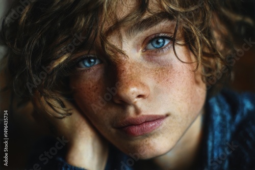 Close up portrait of a boy resting his head on hand with a dreamy look