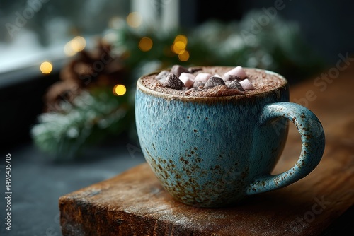 Ceramic cup filled with hot chocolate topped with foam and surrounded by festive decor