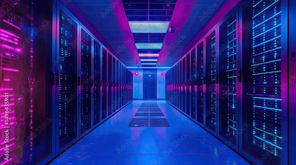 Fototapeta premium Intricate server room illuminated by vibrant lights.