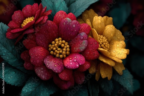 Colorful arrangement of fabric flowers with detailed textures in red yellow and purple tones