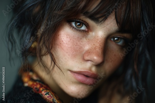 Close-up of a woman with strong facial features under dramatic lighting