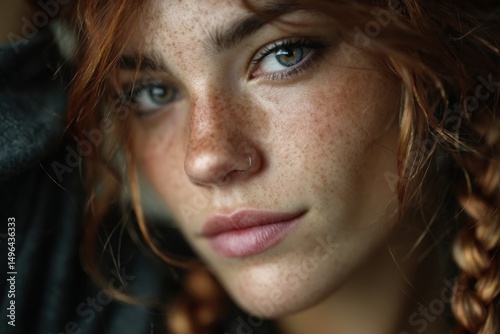 Freckled woman with intense stare in dramatic moody background
