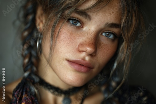 Young woman with intricate braided hairstyle and subtle expression indoors