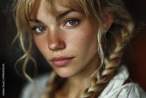 Portrait of a young woman with blonde braid and blue eyes in warm lighting