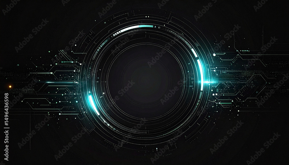 Obraz premium Abstract technological circular design with glowing turquoise accents and dark background. Futuristic digital concept.