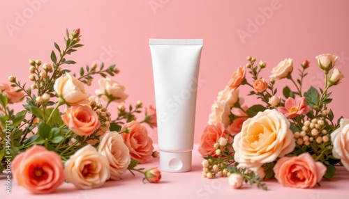 Promotional event for skincare tube surrounded by roses studio setting product photography floral arrangement