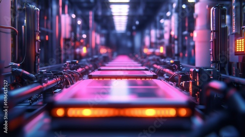 EV battery pack assembly line under neon factory lights showcasing hyper-detailed components and technical ambiance, ideal for industrial and technology-related content
