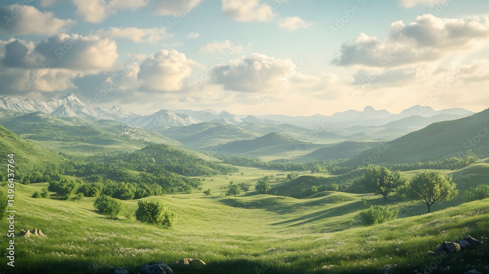 Lush green valley stretches beneath snow-capped mountains. Lush green valley stretches beneath snow-capped mountains.