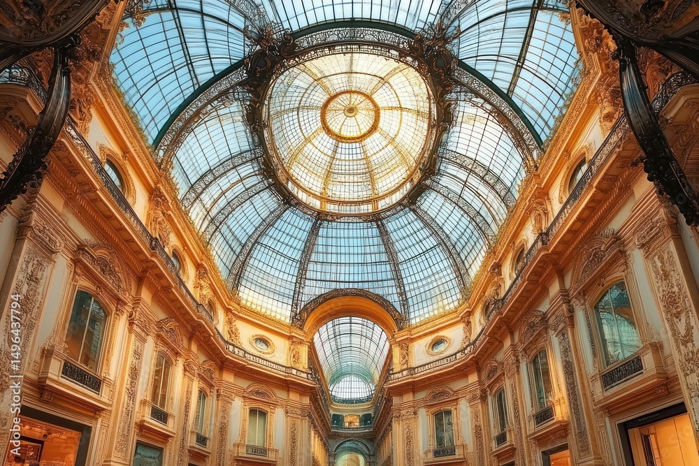 Obraz premium Interior view of a grand historical building featuring a large ornate glass dome ceiling and intricately detailed walls with classical architectural elements