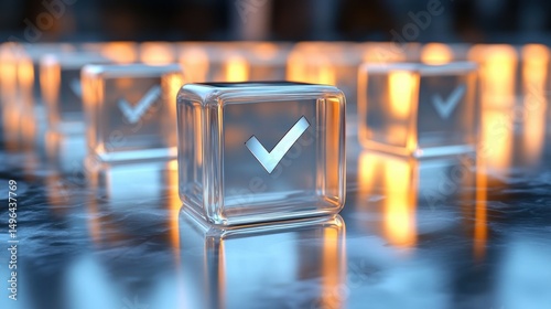 Transparent glass cubes with check mark symbols inside glowing warmly on a reflective surface conveying approval and validation