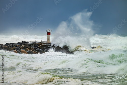 Storm waves smashing against the spit seawall Gold Coast, Queensland, Australia.