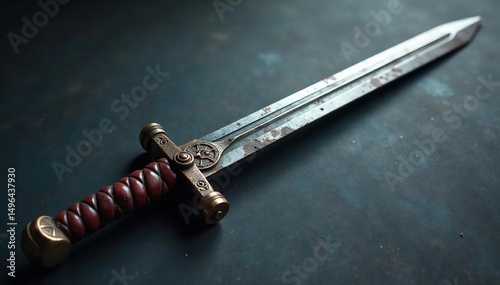 Close-up view of a battle-worn sword, grey backdrop, light, war, fantasy photo