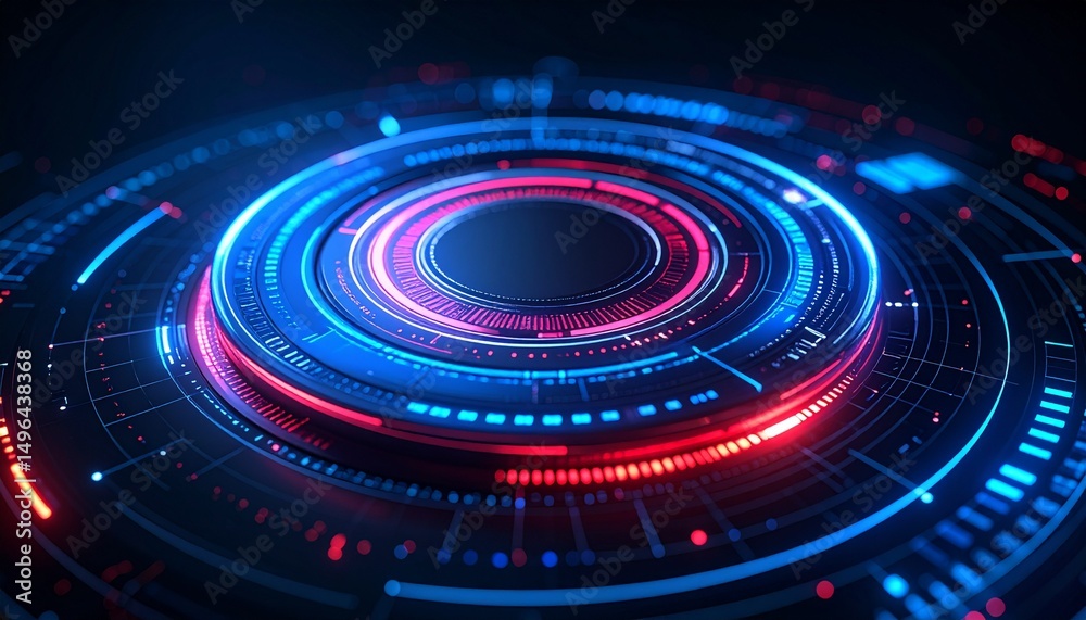 Obraz premium Futuristic technological illustration with concentric circles glowing brightly