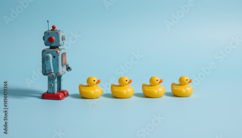 Playful robot directs rubber ducks in a light blue studio environment whimsical toy photography