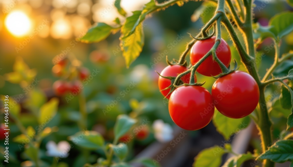Obraz premium Harvesting ripe red tomatoes organic garden close-up photography sunset lighting nature fresh produce