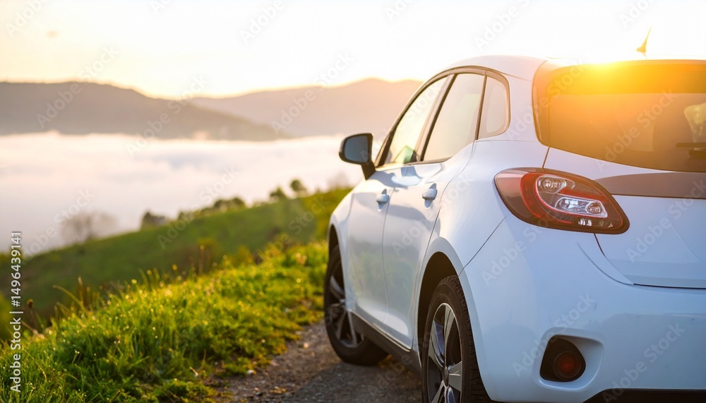 Fototapeta premium Small Electric Car in Misty Countryside Morning