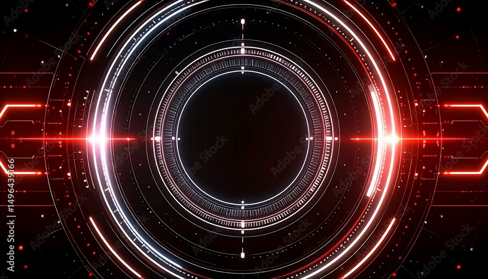 Obraz premium Abstract technological background with glowing red and white circles and lines. Futuristic interface or HUD design.