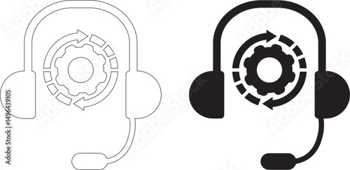 Online support or chatbot icon in flat style. Hotline or technical support symbol isolated on white background Headset and gear icon in black Vector illustration for graphic design, Web, UI, mobile ap