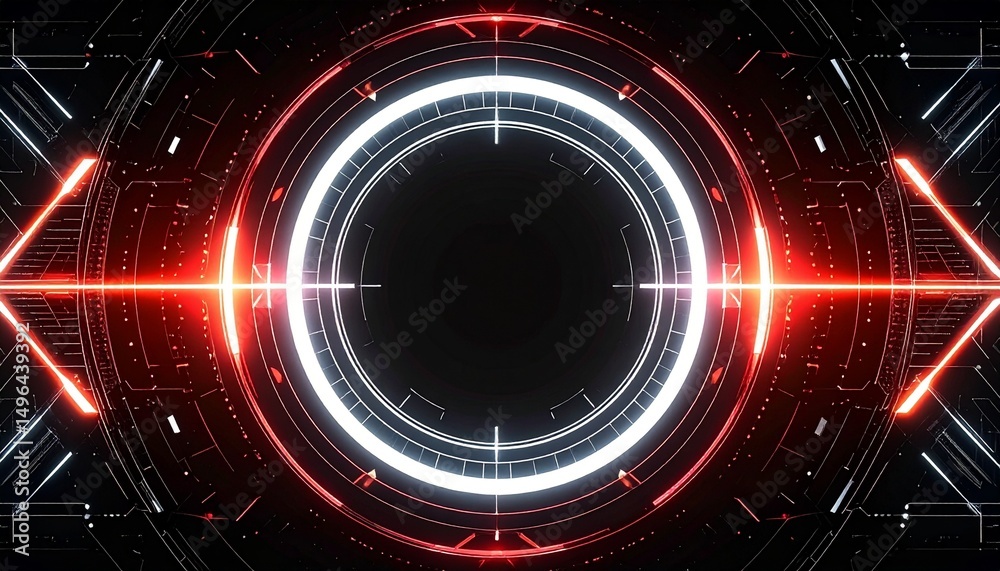 Fototapeta premium A futuristic abstract design of a digital target or a technology-focused interface with glowing red and white lights on a black background. The design has a circular shape.