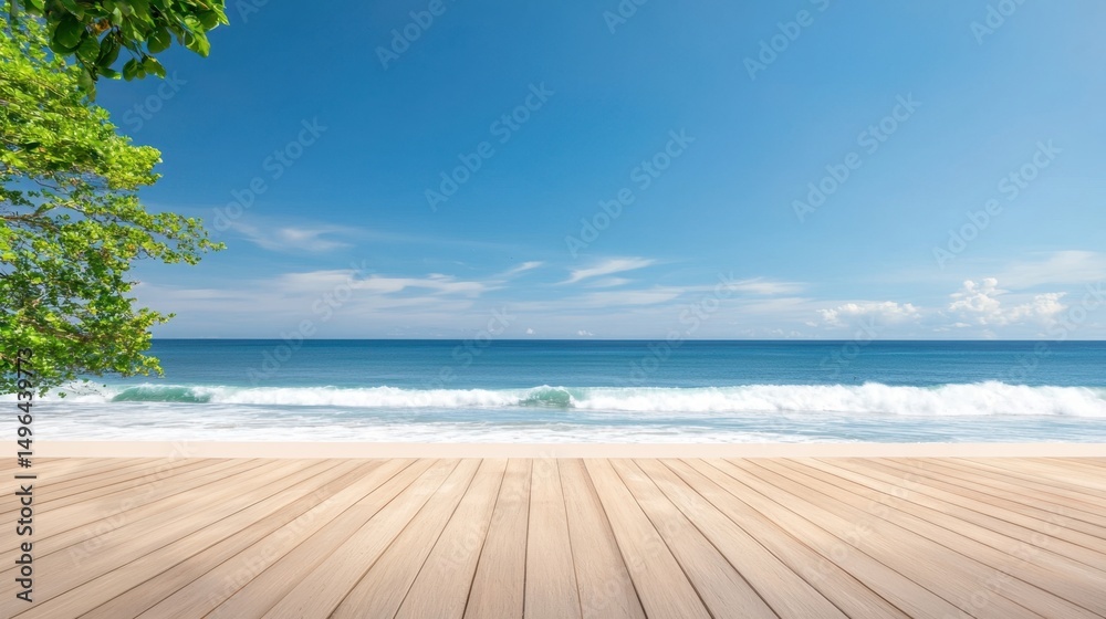 Fototapeta premium Balcony View Elevation Concept, Panoramic View from Beachfront Balcony with Stunning Ocean and Clear Blue Sky Under Bright Sunlight