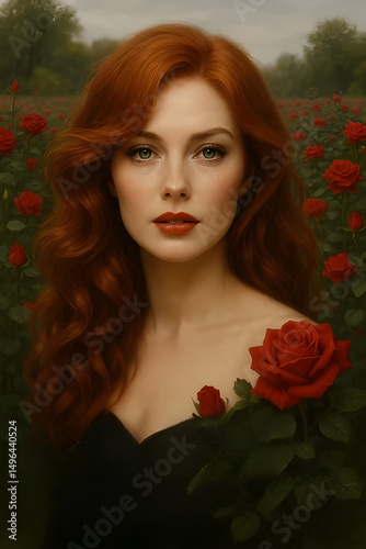 Beautiful woman with red hair, fair skin, light eyes, lips with red lipstick, background of a rose garden, two roses also decorate the woman's dark-colored clothes, in the foreground image.