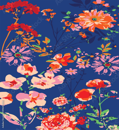 Big flowers pattern, upscale floral pattern. graphical textures floral, trendy colors pattern,Monochrome, flowers background with leaves. vector illustration.