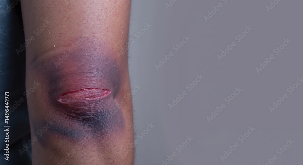 Fototapeta premium Wounded elbow with bruising and cut on a gray background 