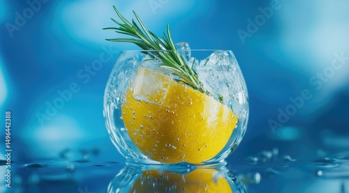 A vibrant yellow citrus fruit, possibly a lemon, is submerged in a round glass filled with ice cubes and sparkling water.