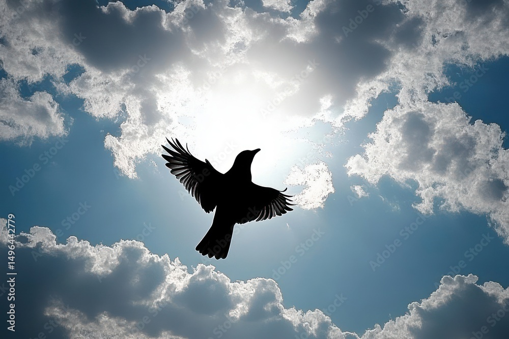 Fototapeta premium Silhouette of a bird flying with wings spread against a bright sun surrounded by scattered clouds in a blue sky