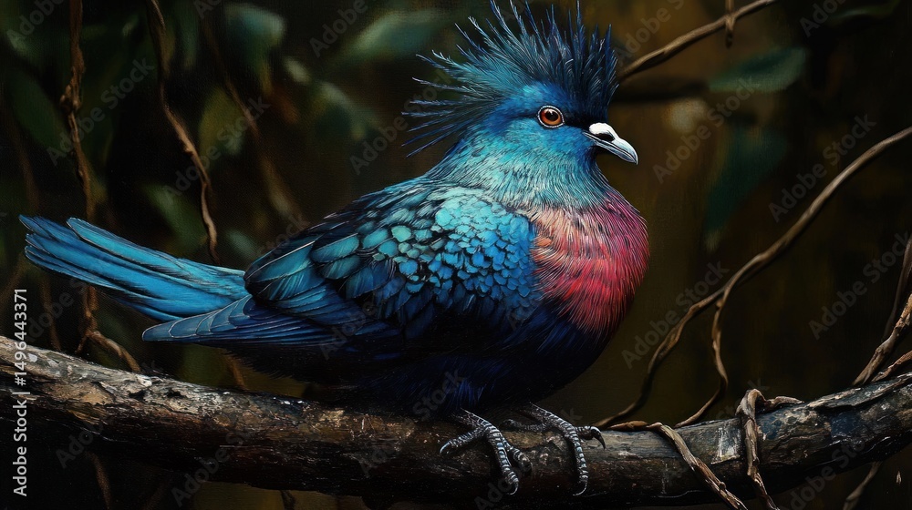 Fototapeta premium close-up of a vibrant blue bird with red chest feathers and spiky crest perched on a tree branch in a dark forest environment