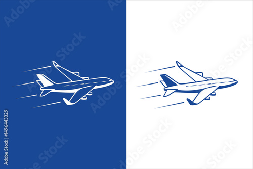 Jet Airplane Icon in Motion Blue and White Travel Symbol Illustration