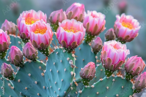 Vivid desert cactus flowers blossoming on spiny arms arranged in a vibrant frame with natural desert colors