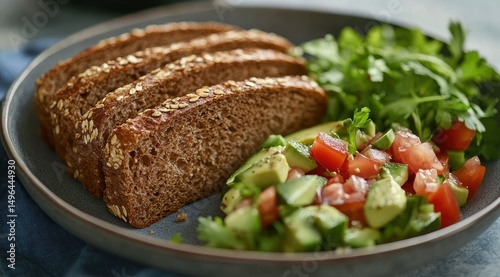 Slices of hearty whole-grain bread served alongside a vibrant avocado and tomato salad on a slate-colored plate