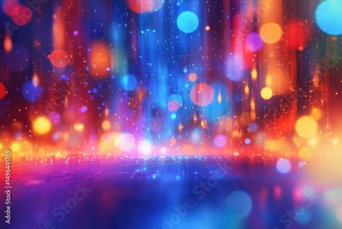 An abstract image depicting a vibrant, colorful, bokeh effect with blurred lights and glowing particles, creating a dynamic and energetic atmosphere