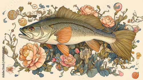 花と魚のアート 水彩画風イラスト
