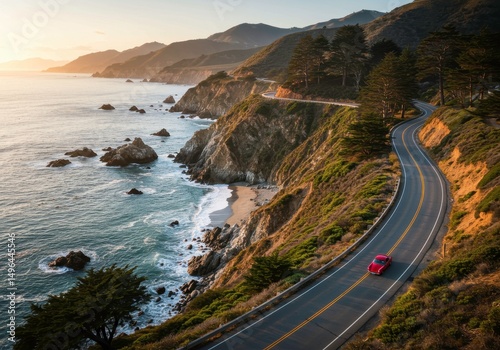 Coastal Drive: Capture the beauty of the open road where a solitary car traverses a winding coastal route with ocean's edge at sunset.