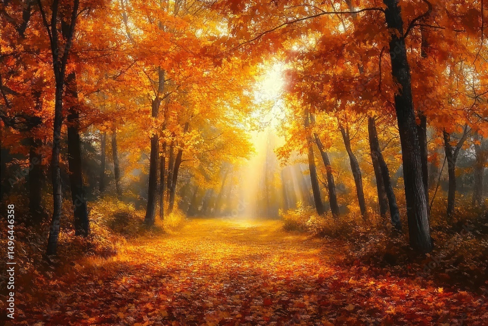 Obraz premium Sunlight shining through vibrant orange autumn trees illuminating a forest path covered with fallen leaves, evoking warmth and tranquility