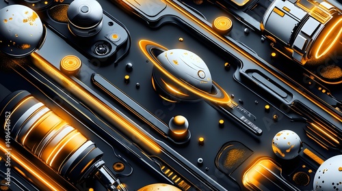 Abstract design with glowing geometric shapes and metallic textures.