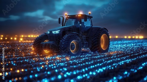 Futuristic glowing tractor with digital wireframe design working in a luminous field under a dark cloudy sky, emitting bright blue and orange lights