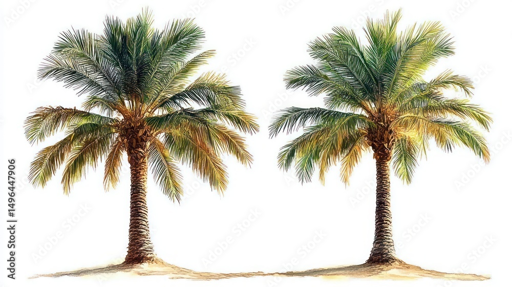 Obraz premium Two palm trees with green and yellow fronds standing side by side on sandy ground with bright natural light