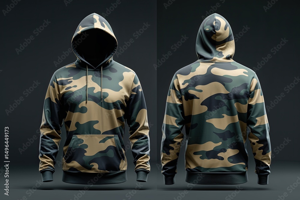 Fototapeta premium Camouflage Hoodie Mockup Front and Back Views for Apparel Design on Dark Background