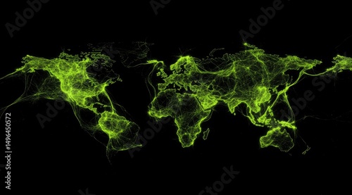 Fototapeta Naklejka Na Ścianę i Meble -  A luminous green world map, rendered with ethereal, glowing lines, suggesting interconnectedness across continents against a stark black backdrop