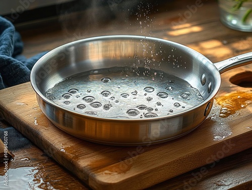 stainless steel frying pan filled with boiling water on wooden cutting board with water drops splashing and steam rising photo