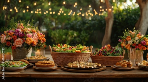 Wallpaper Mural A rustic wooden table laden with an array of vibrant salads, pastries, and floral arrangements, set against a softly lit outdoor backdrop Torontodigital.ca